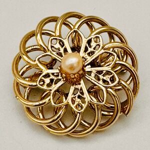 Gold‎ Tone Floral Pin Brooch with Pearl Accent Ornate Vintage Jewelry